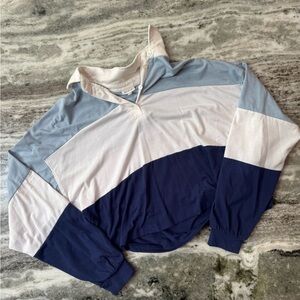 Colorblock Rugby Pullover Long Sleeve Polo Shirt Blue White Navy Size Medium